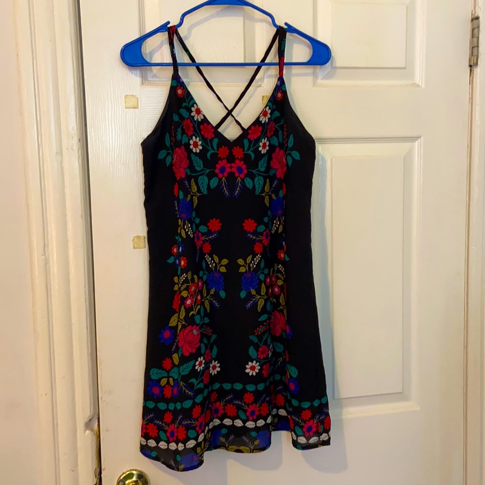 Black patterned mini strap dress